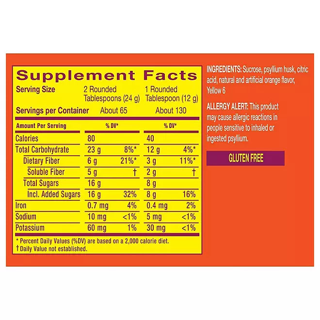 Suplemento de fibra en polvo Metamucil Psyllium 4 en 1, naranja, 1.56kg