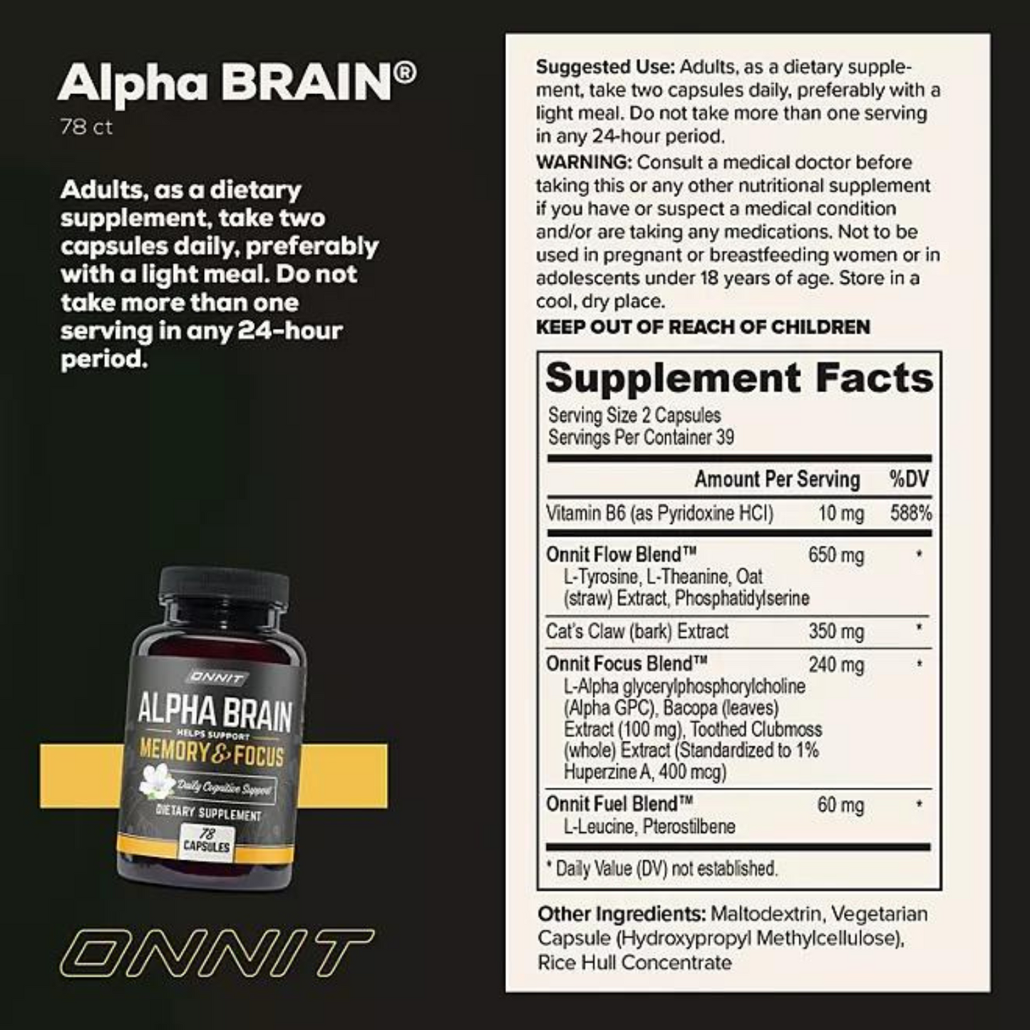 ONNIT Alpha BRAIN Suplemento nootrópico premium para la salud cerebral' 78 cápsulas
