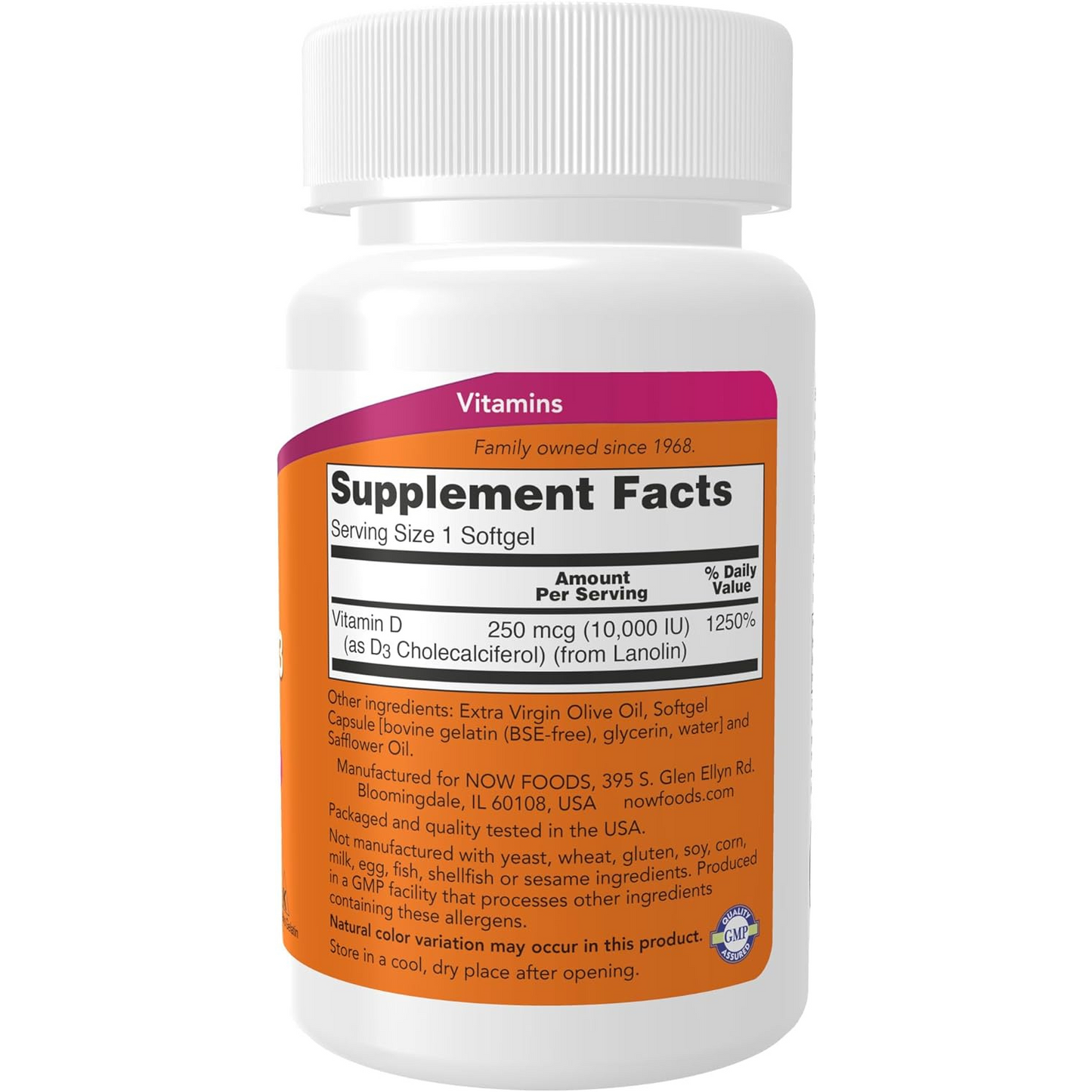 NOW Suplementos, Vitamina D-3 10,000 UI - 120 Cápsulas Blandas