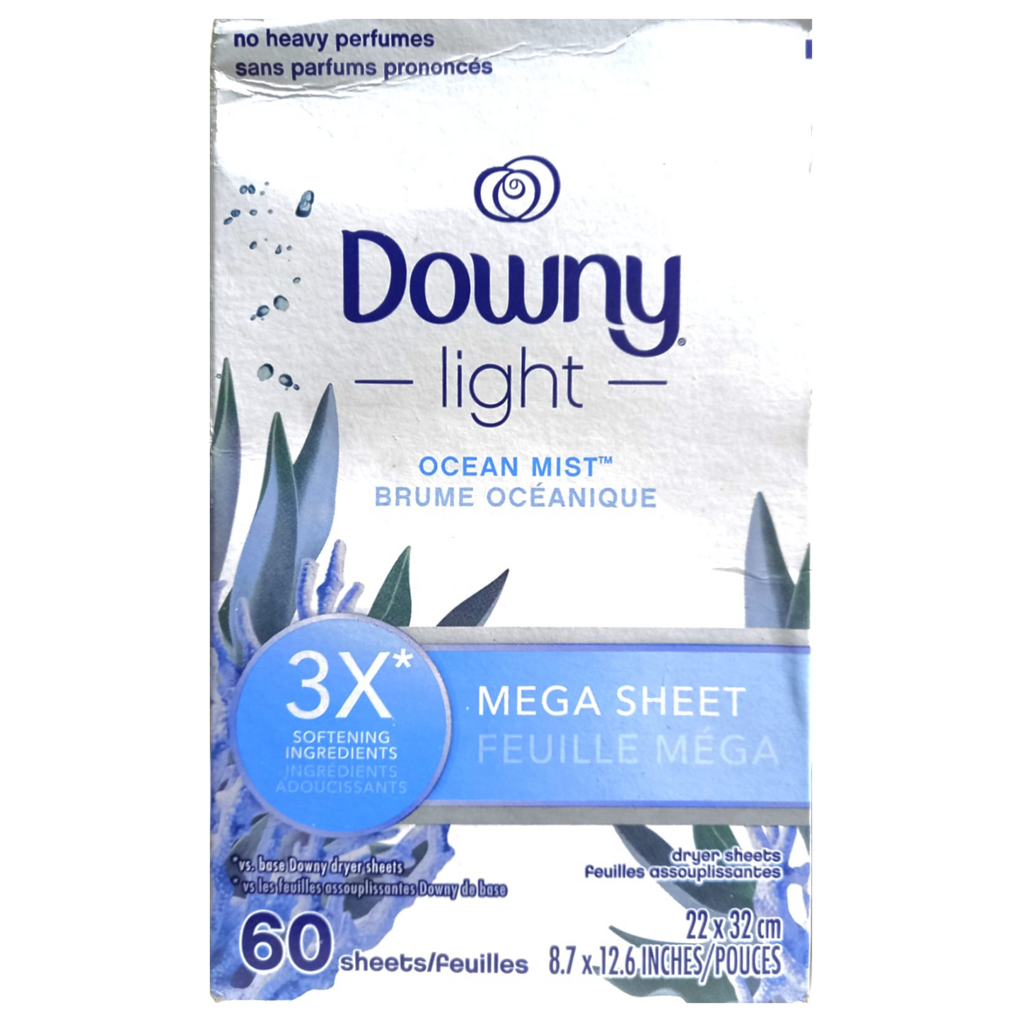 Downy Hojas de secado Mega ligeras, hojas de secadora suavizantes de tela, niebla oceánica- 60 sheets