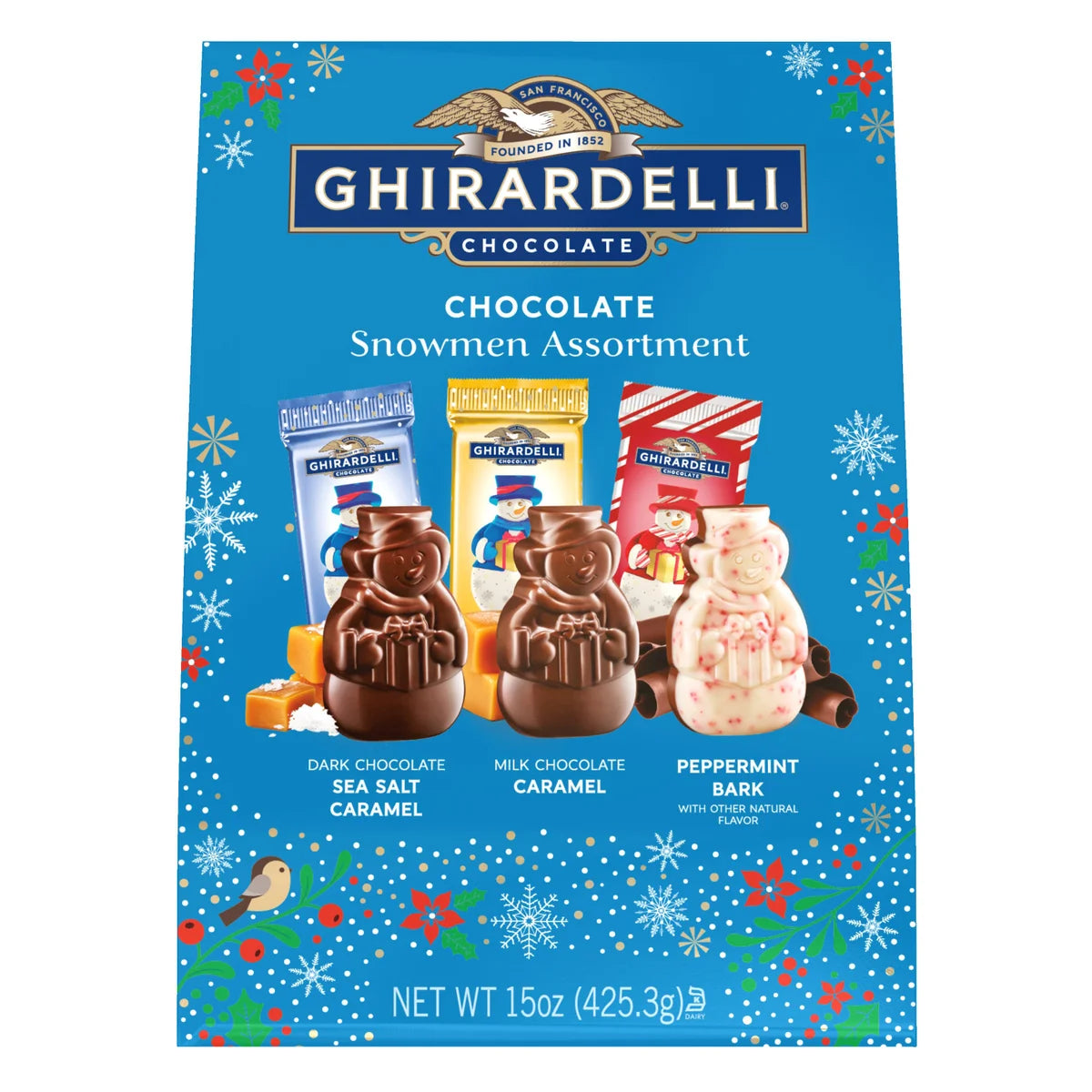 Ghirardelli Chocolate Snowman Assortment 425.3g - Dark chocolate sea salt caramel, milk chocolate caramel, peppermint bark with other natural flavor