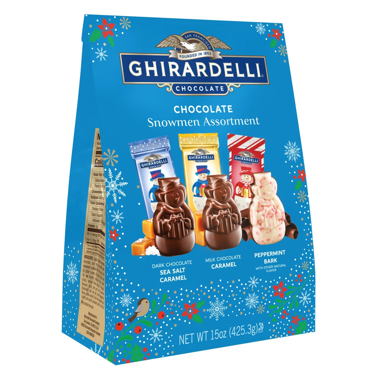 Ghirardelli Chocolate Snowman Assortment 425.3g - Dark chocolate sea salt caramel, milk chocolate caramel, peppermint bark with other natural flavor