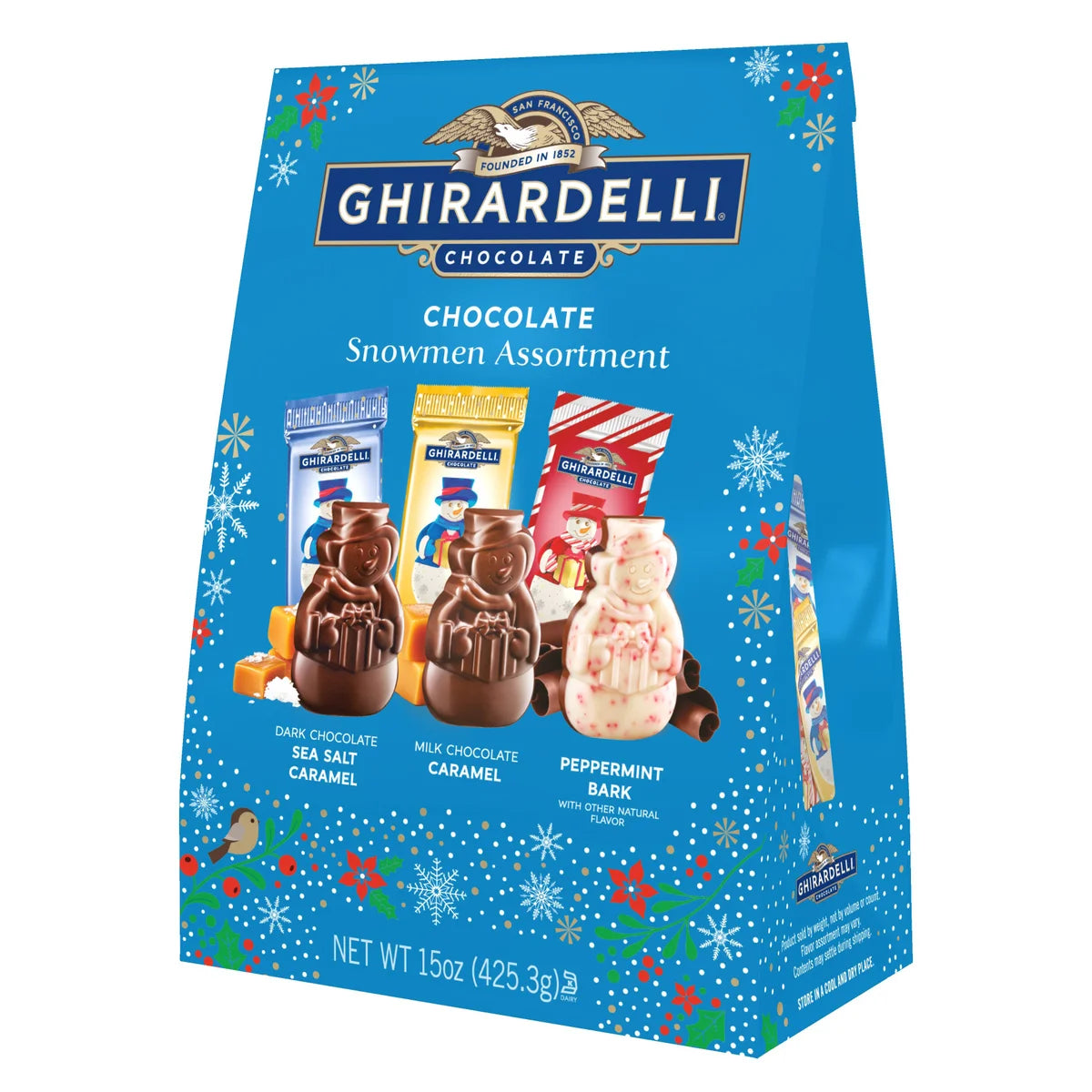 Ghirardelli Chocolate Snowman Assortment 425.3g - Dark chocolate sea salt caramel, milk chocolate caramel, peppermint bark with other natural flavor