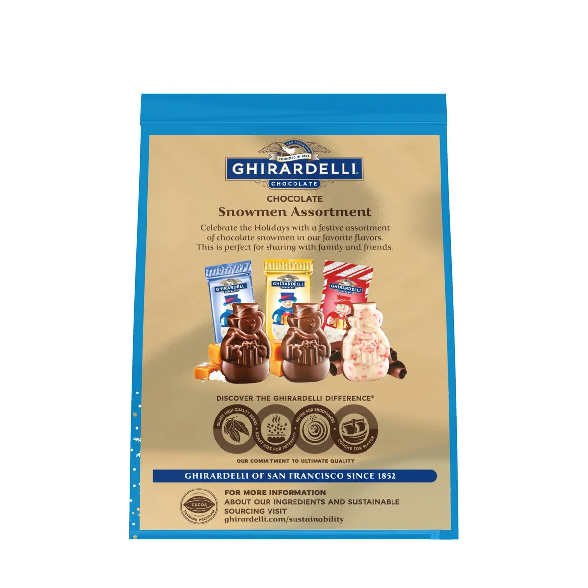 Ghirardelli Chocolate Snowman Assortment 425.3g - Dark chocolate sea salt caramel, milk chocolate caramel, peppermint bark with other natural flavor