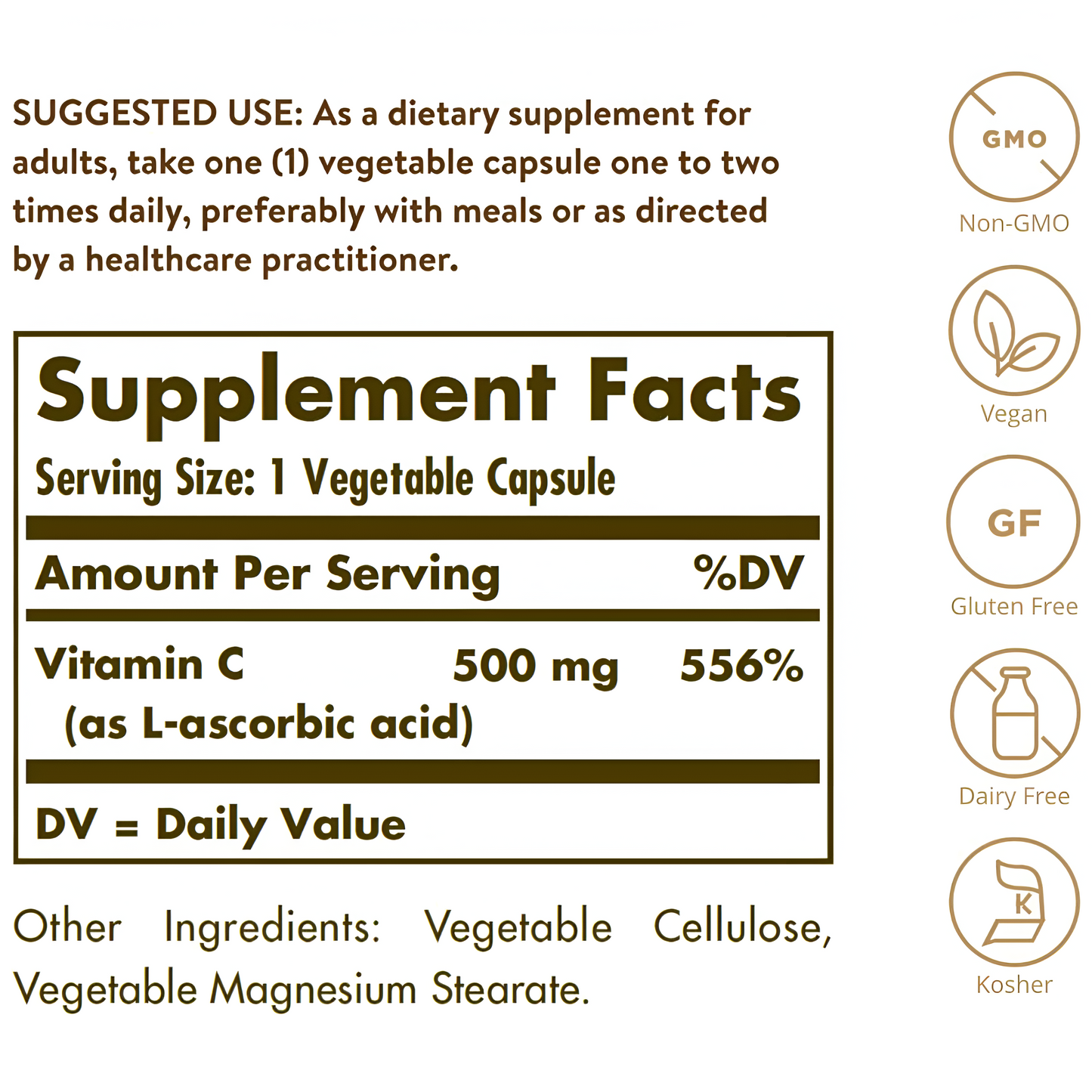 Solgar Vitamina C de 500 mg, 100 cápsulas vegetales – Antioxidante e inmunológico – Salud general – Apoya la piel y las articulaciones saludables – Sin OMG, vegano, sin gluten, Kosher – 100 porciones