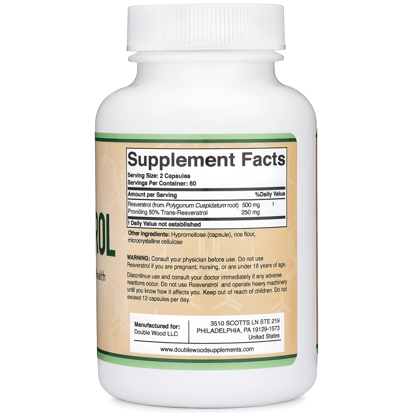 Double Wood Suplemento de resveratrol 500 mg 120 cápsulas