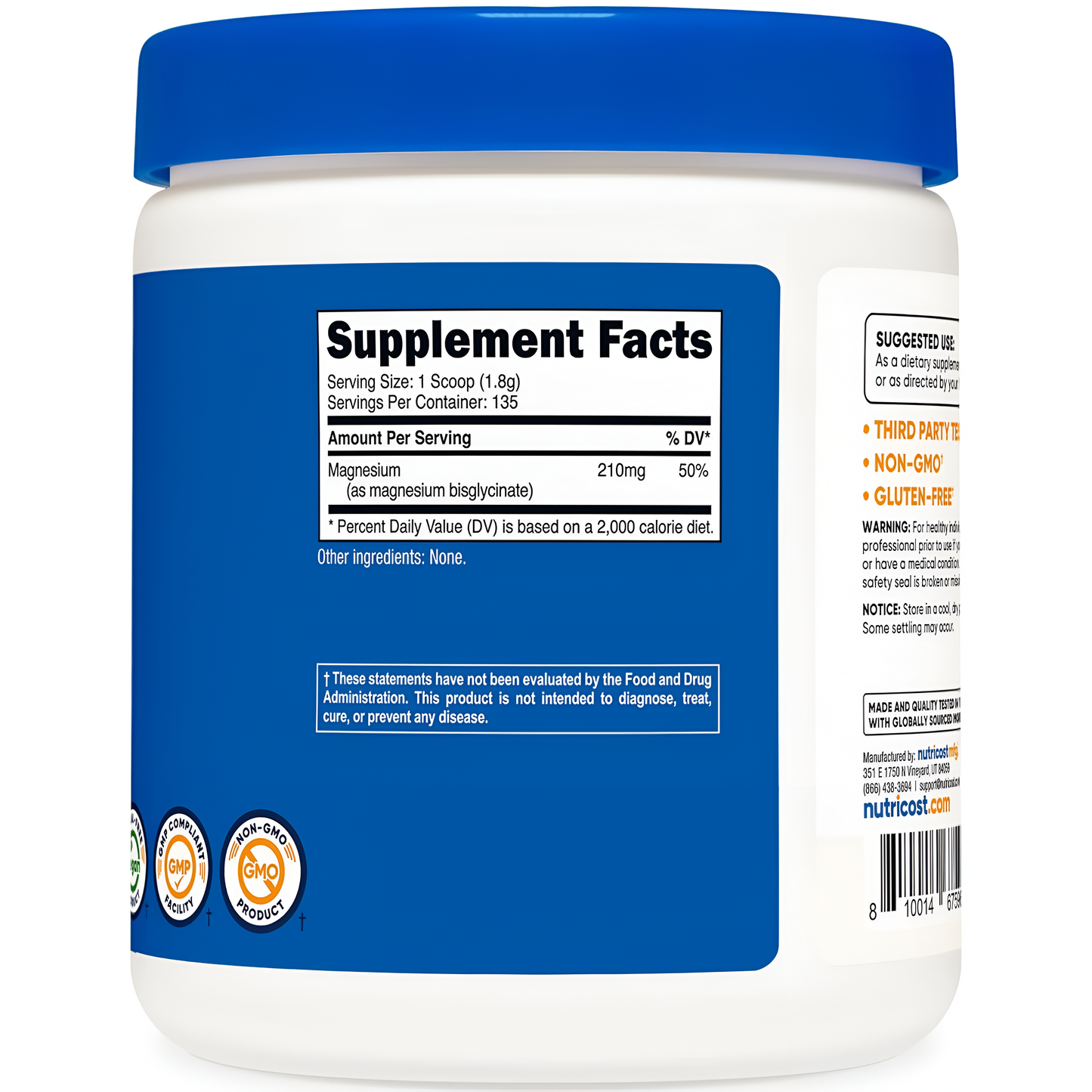 Nutricost - Magnesium Glycinate 210mg (sin sabor), 250g