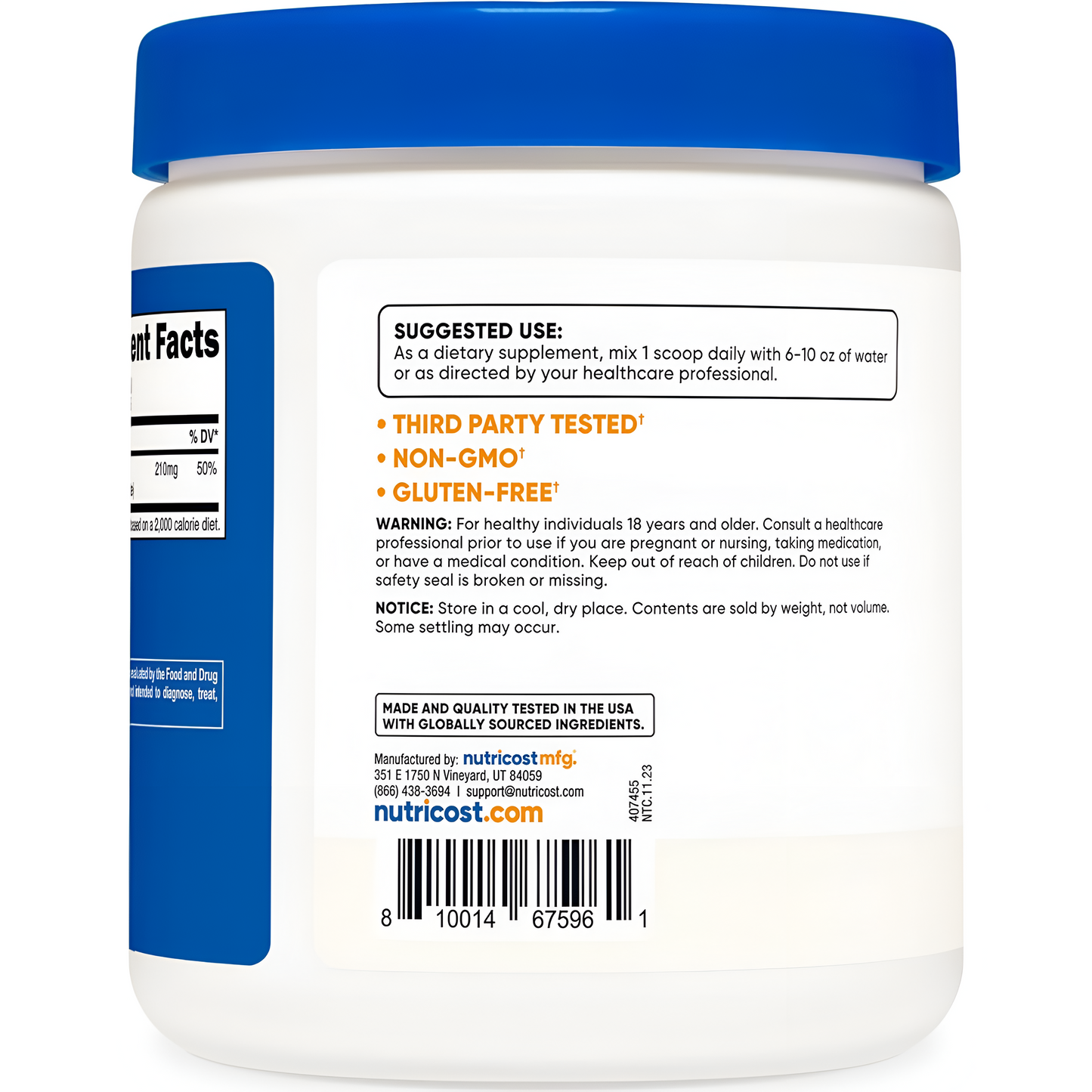 Nutricost - Magnesium Glycinate 210mg (sin sabor), 250g