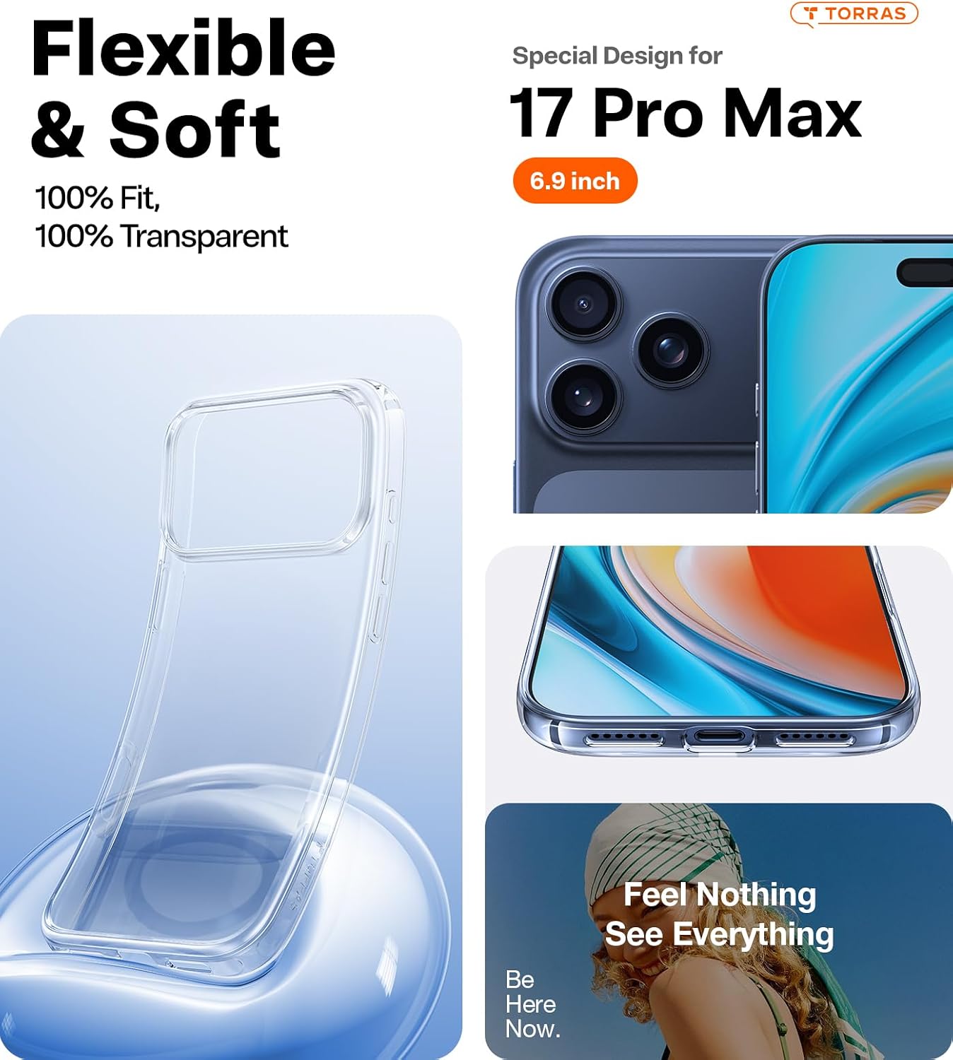 Funda TORRAS para iPhone 17 Pro Max Protección de Grado Militar, Transparente Anti-Arañazos Borde Suave para iPhone 17 Pro Max, Transparente 6.9".