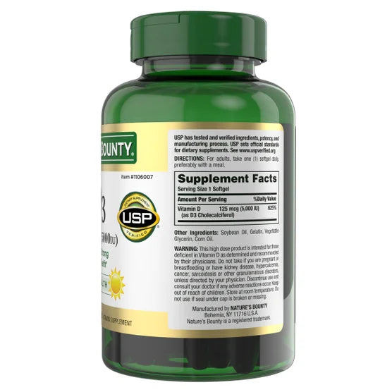 Natures Bounty - Vitamina D3 125mcg(5000IU), cápsulas blandas de liberación rápida