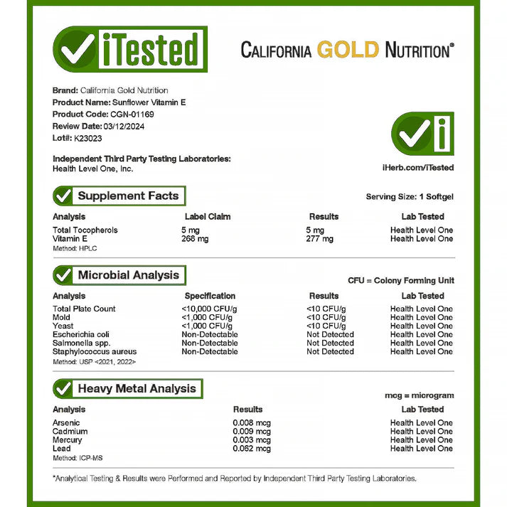 California Gold Nutrition, Sunflower Vitamin E con Tocoferoles mixtos 268mg,400 UI, 90 Cápsulas de gel.