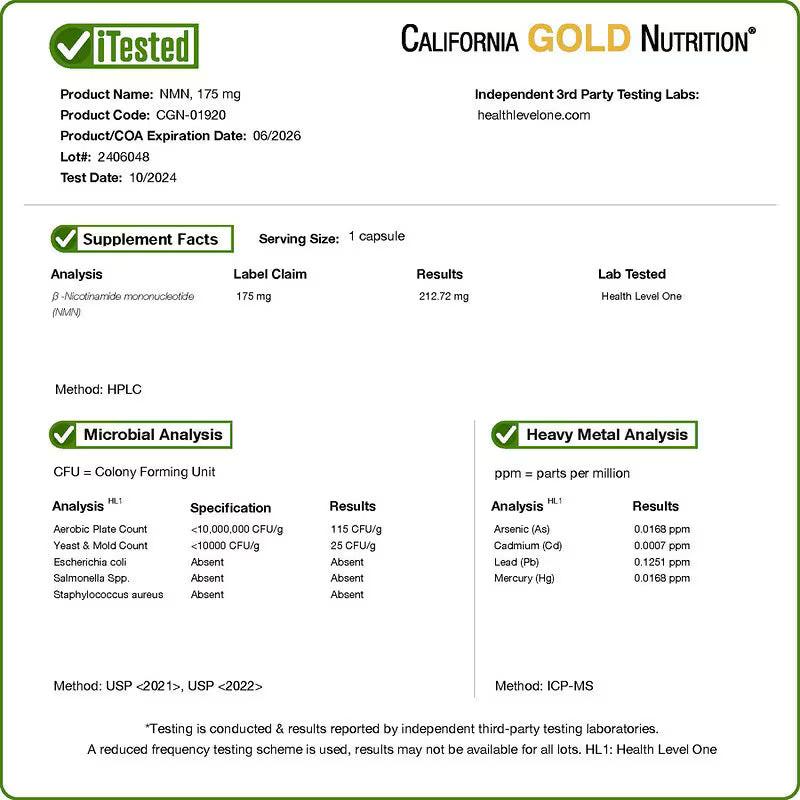 California Gold Nutrition NMN 175 mg 60 cápsulas vegetales
