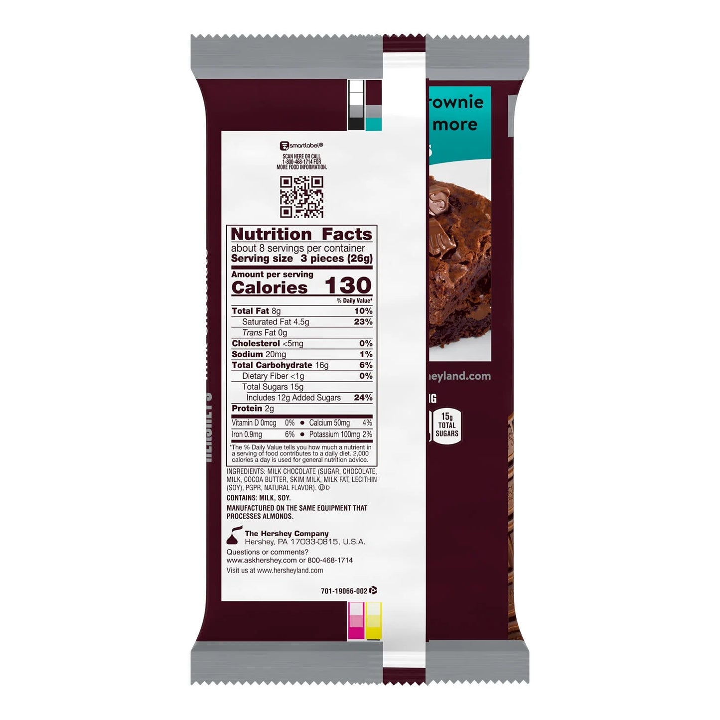 HERSHEY'S Milk Chocolate Giant - 25 piezas - 214g , 130 calorías por 3 pedazos