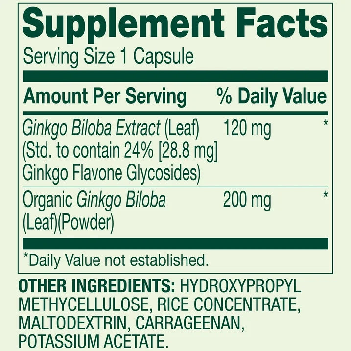 Ginkgo Bilboba Extract 120mg , 90 capsulas vegetarianas- Spring Valley