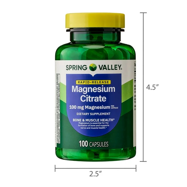 Cápsulas de citrato de magnesio de liberación rápida Spring Valley para la salud ósea, 100 mg 100 capsulas
