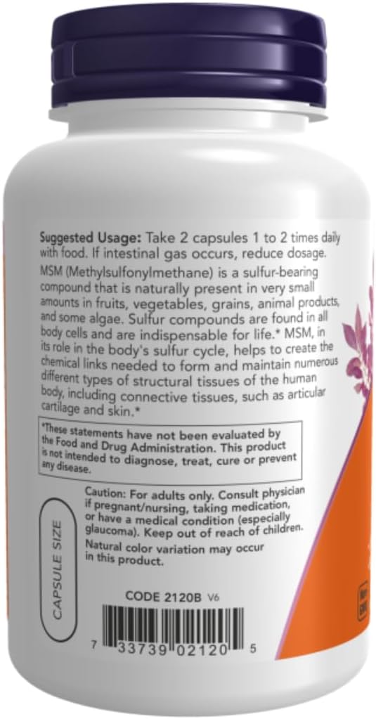 NOW Suplementos, MSM (Metilsulfonilmetano) 1,000 mg 120 cápsulas vegetales