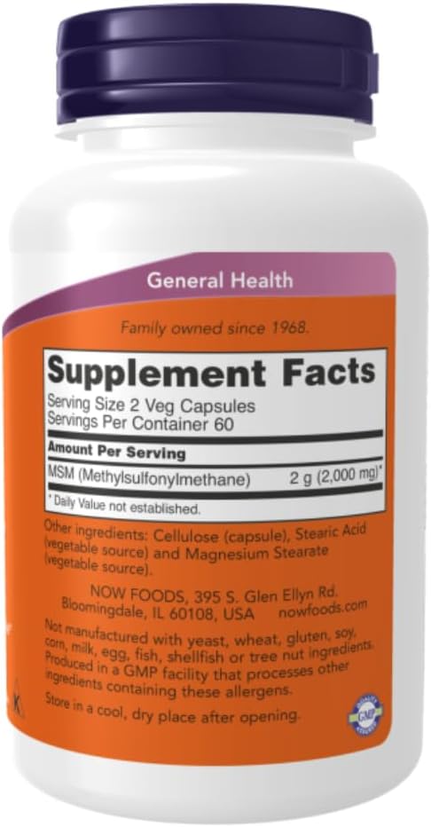 NOW Suplementos, MSM (Metilsulfonilmetano) 1,000 mg 120 cápsulas vegetales