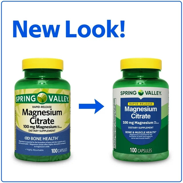 Cápsulas de citrato de magnesio de liberación rápida Spring Valley para la salud ósea, 100 mg 100 capsulas