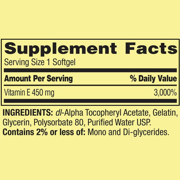 Vitamina E Spring Valley 450 mg extra Fuerte (1,000 IU) 100 cápsulas- Disolvible en agua.