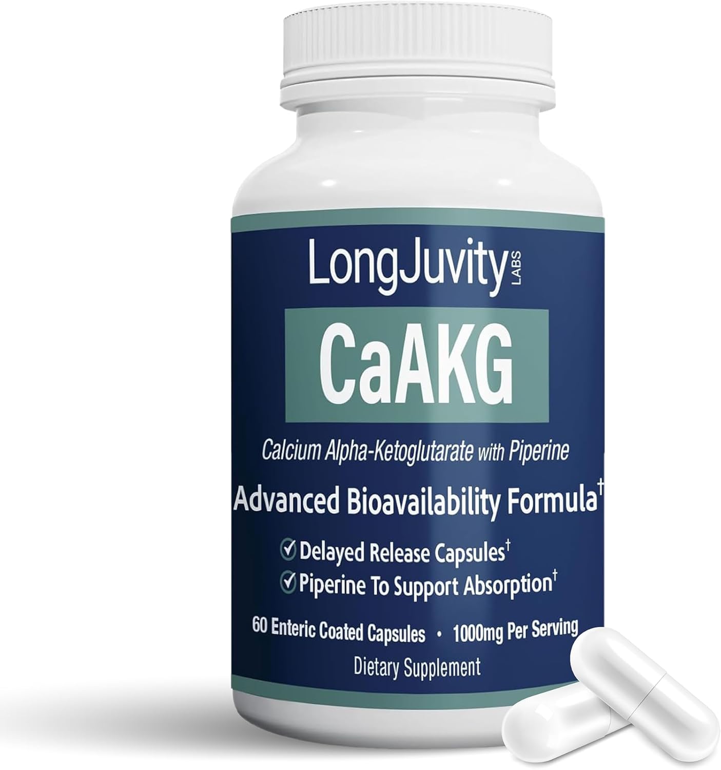 LongJuvity - CaAKG (Calcium Alpha-Ketoglutarate con Piperine), 1000mg - 60 cápsulas con recubrimiento entérico