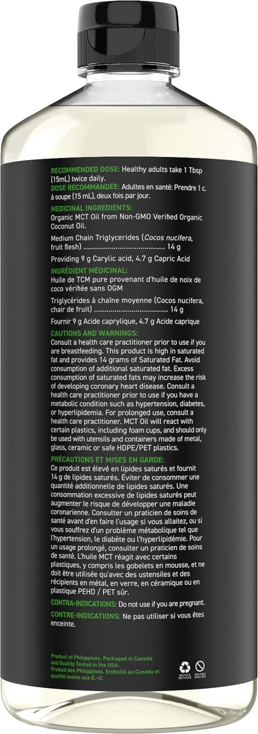 Aceite Orgánico de Coco MCT Sports Research , Certificado por USDA, KETO y PALEO , Non-GMO Combustible Corporal 1183 ml.