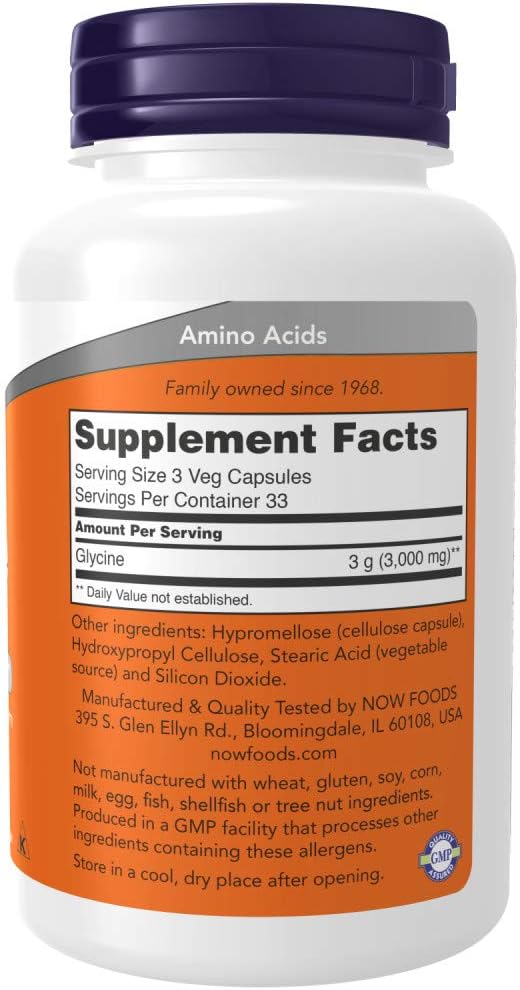 NOW Suplementos, Glicina 1,000 mg de 100 cápsulas
