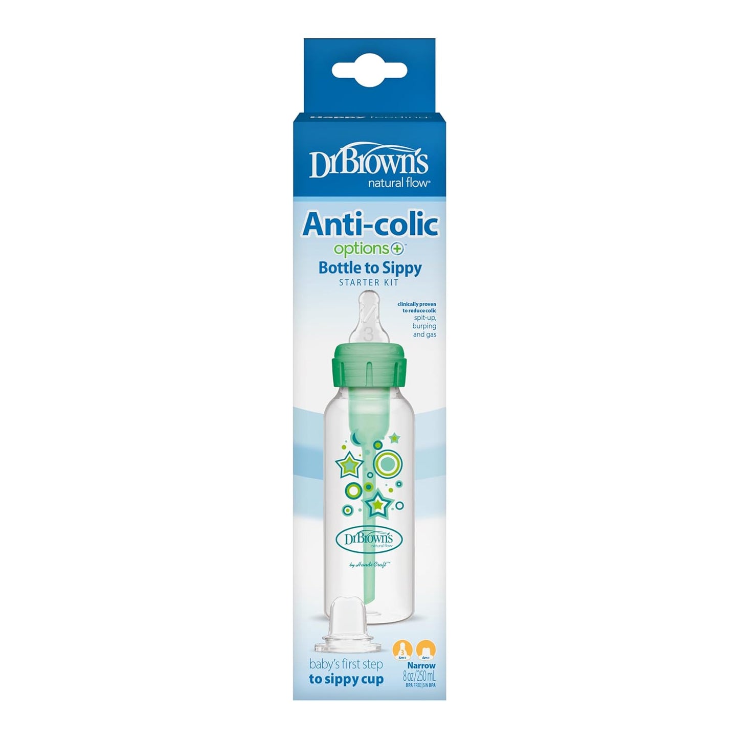 Dr. Brown's Natural Flow Anti-Colic Options+ Kit de inicio de botella para sorber estrecho, 250ml