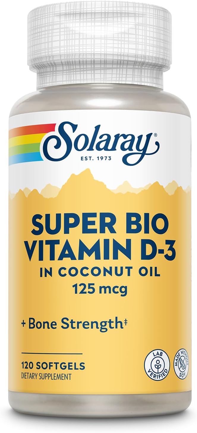 Solaray Super Bio Vitamina D3 en aceite de coco - Vitamina D3 5000 UI - 120 cápsulas blandas