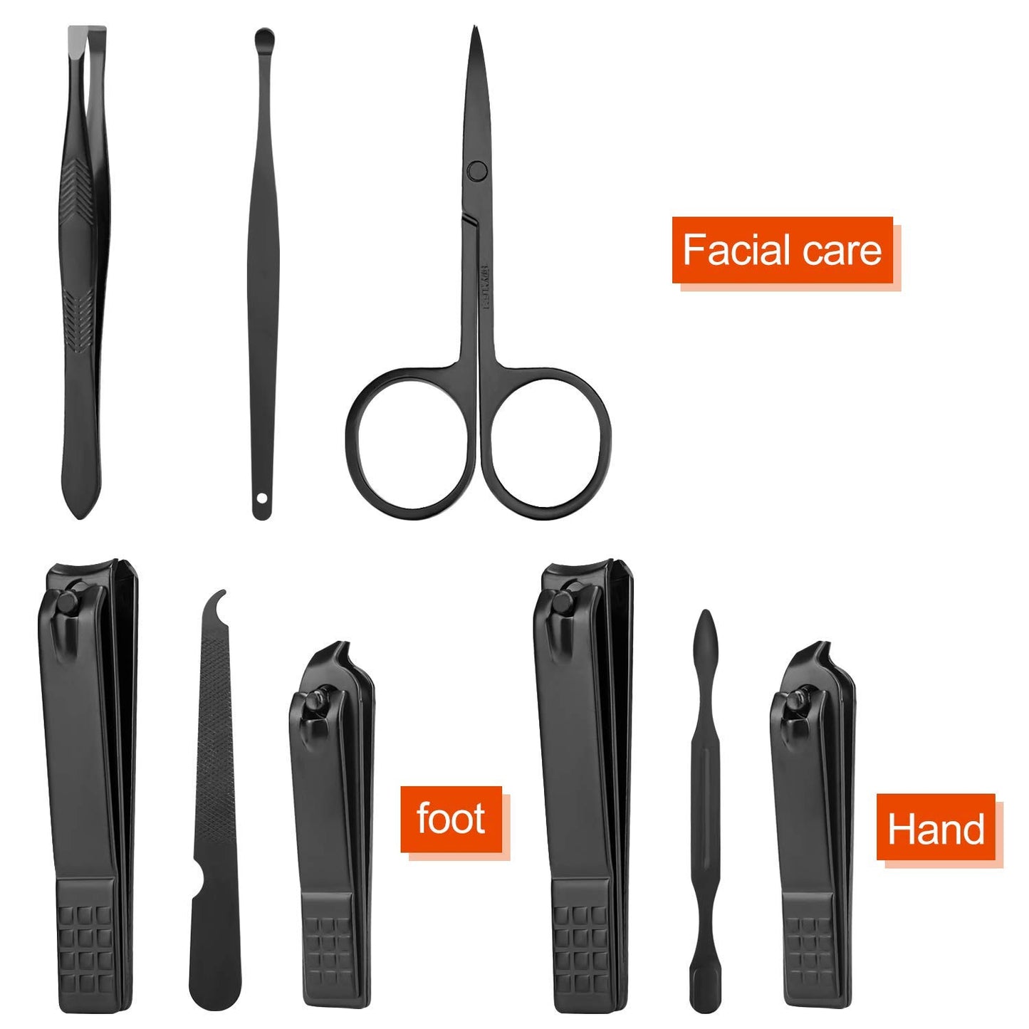 Aceoce Set profesional de aseo de manicura, pedicura con cortaúñas, 18 en 1, de acero inoxidable, Negro