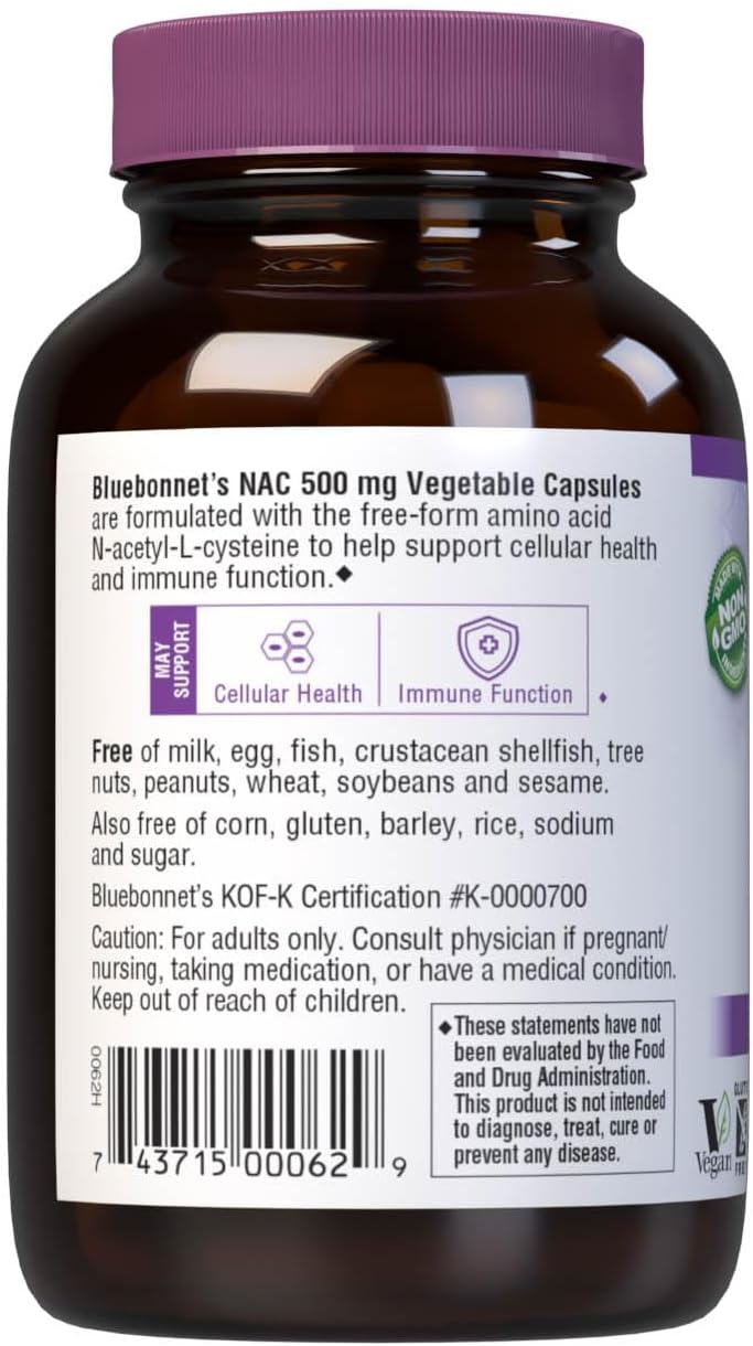 Bluebonnet Cápsulas de vitamina NAC de 500 mg, 30 unidades