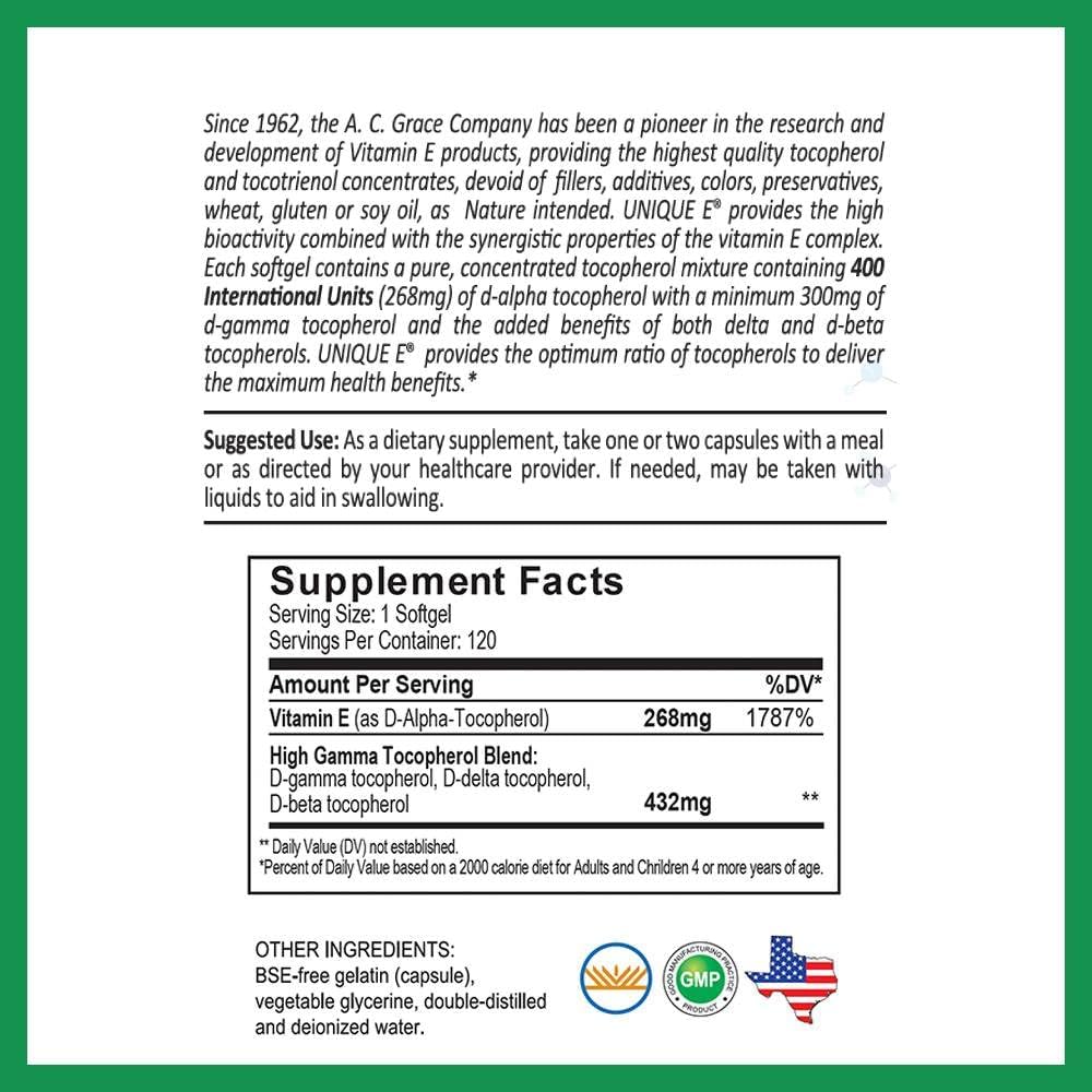 A.C. Grace company-Unique E high gamma mixed tocopherol concentrate, 120 capsulas