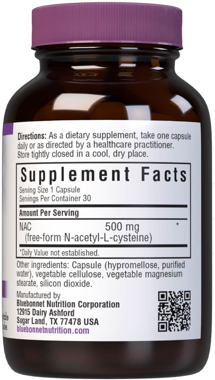 Bluebonnet Cápsulas de vitamina NAC de 500 mg, 30 unidades