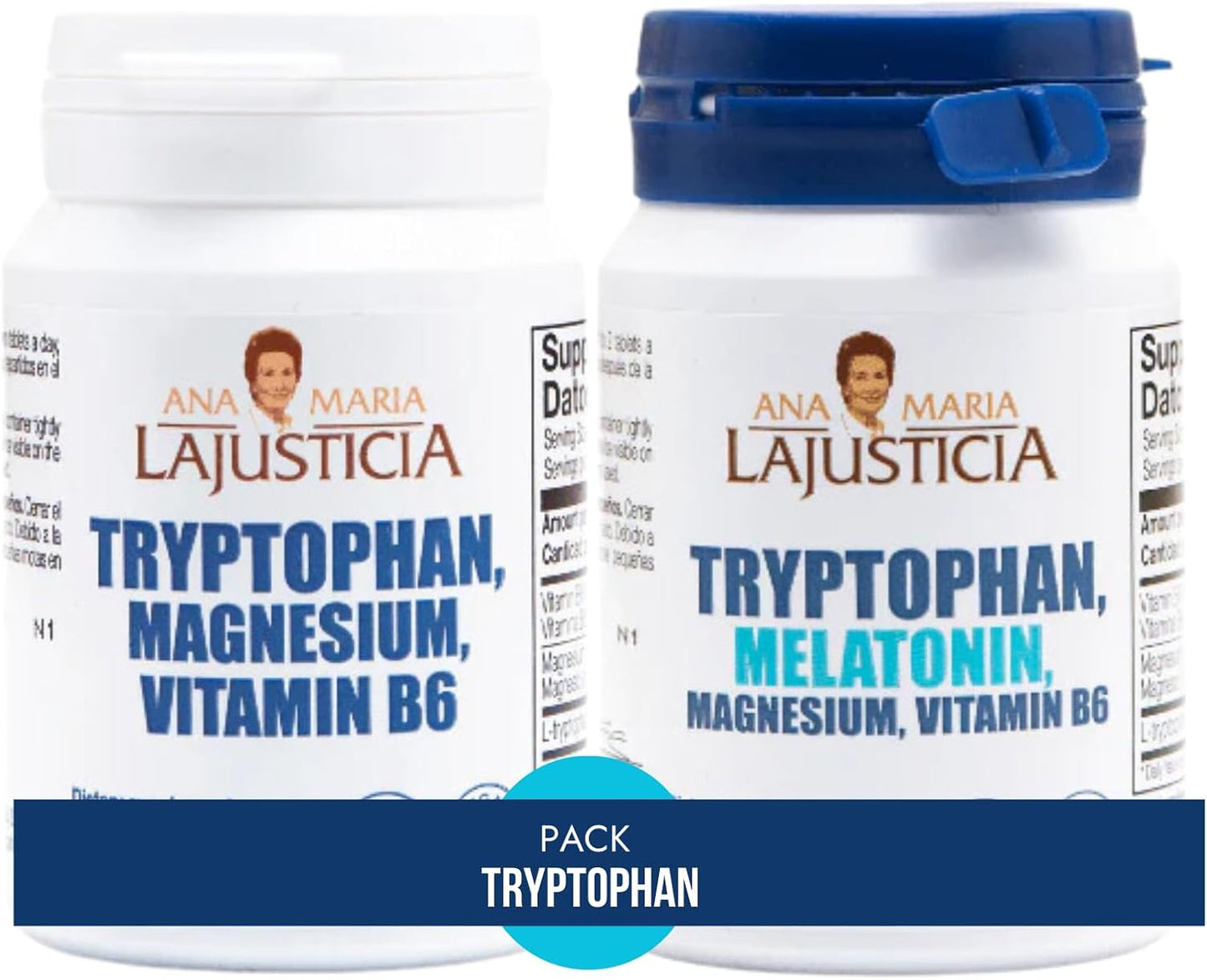 Ana Maria La Justicia- Pack Tryptophan (magnesium- vitamina B6), tryptophan(melatonina), 60 tabletas cada frasco