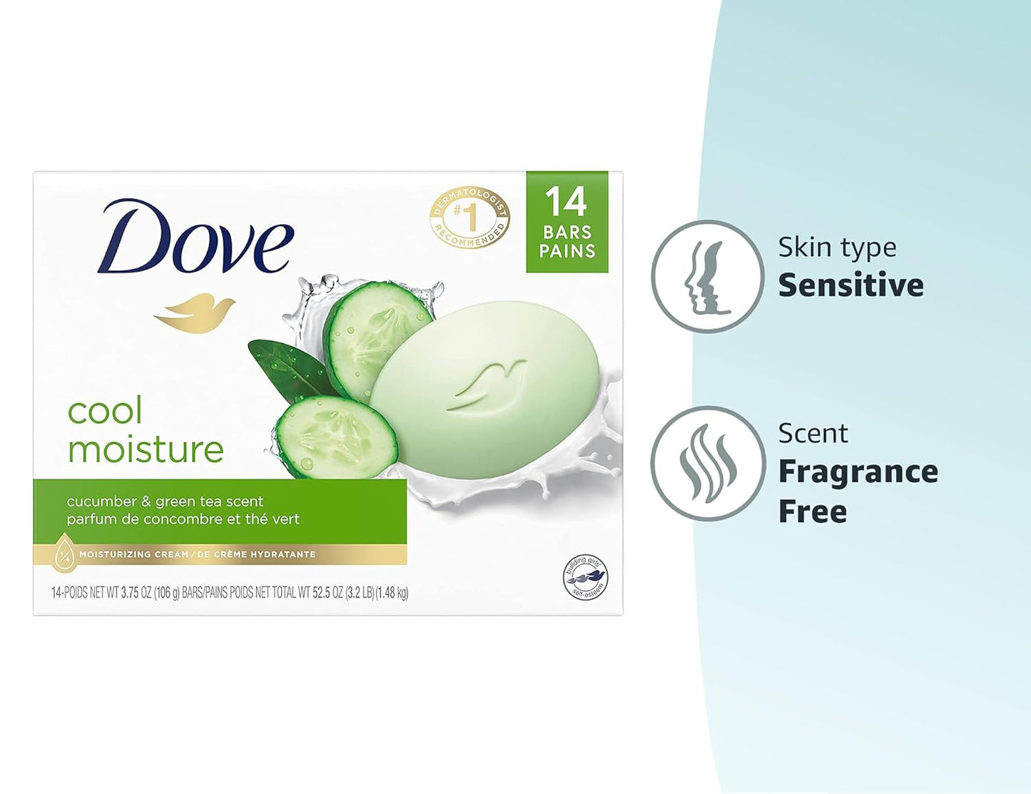 Dove cool moisture jabon en barra de pepino y te verde 106g