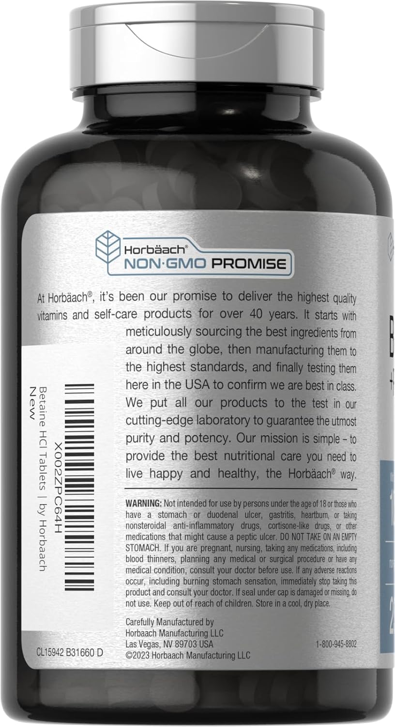 Horbäach Betaína HCl con pepsina | 1000 mg | 250 tabletas | Suplemento de clorhidrato | con raíz de jengibre | Sin OMG, sin gluten