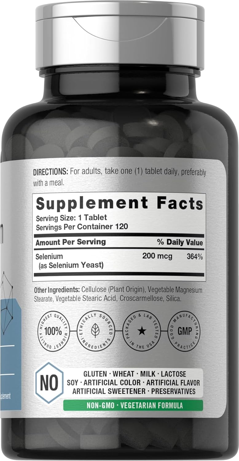 Horbäach Suplemento de selenio de 200 mcg para mujeres y hombres | 120 tabletas | Sin OMG y sin gluten