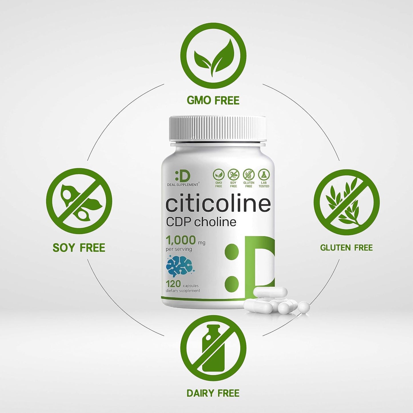 DEAL SUPPLEMENT Citicoline CDP Colina, 1,000 mg por porción, 120 cápsulas – Suplementos de colina extra fuerte – Propiedades de la vitamina B nootrópicas – Promueve la salud cerebral, la memoria y el enfoque – Sin OMG