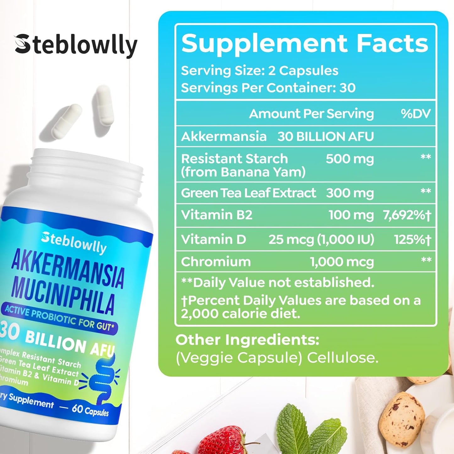 Steblowlly - Akkermansia Muciniphila probiótico activo para el intestino 30 Billion AFU, 60 capsulas