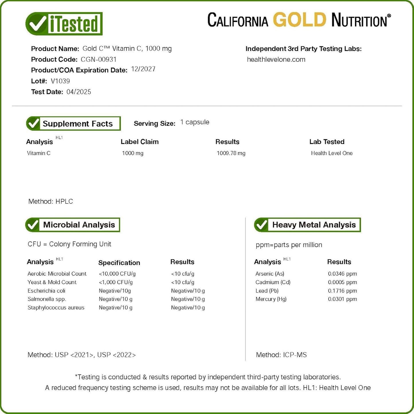 California Gold Nutrition Gold C, vitamina C de grado USP, 1,000 mg, 60 cápsulas vegetales