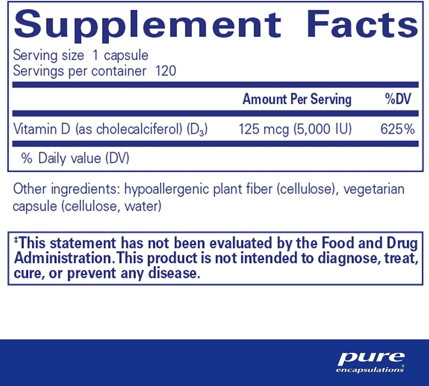 Pure Encapsulations - Vitamina D3 125 mcg (5000 IU) en Cápsulas