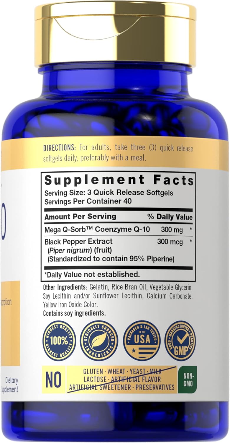Carlyle CoQ10 300mg | 120 cápsulas blandas | Mega Q-Sorb Coenzima Q-10 | con extracto de pimienta negra | Suplemento sin OMG, sin gluten
