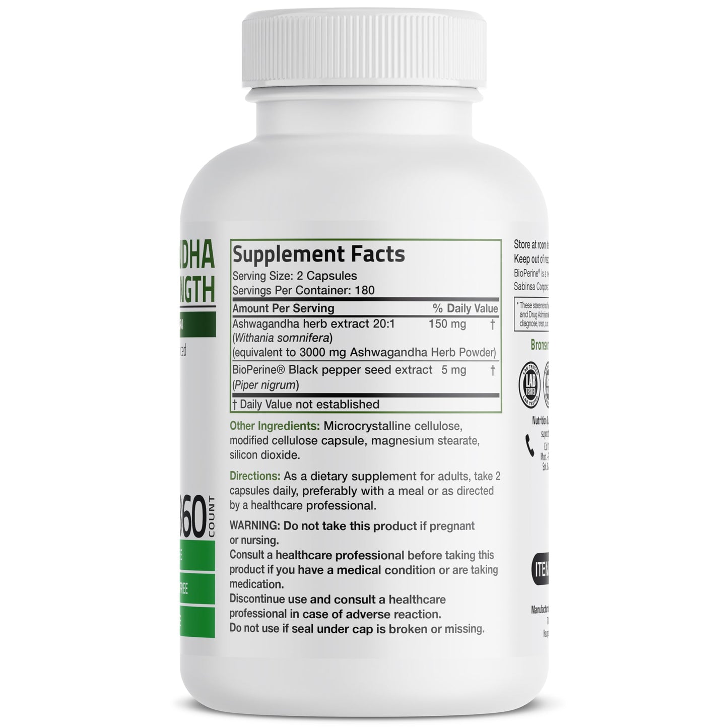 Ashwagandha Bronson Extra Fuerte , modo y estress con BioPerina - 120 Capsulas