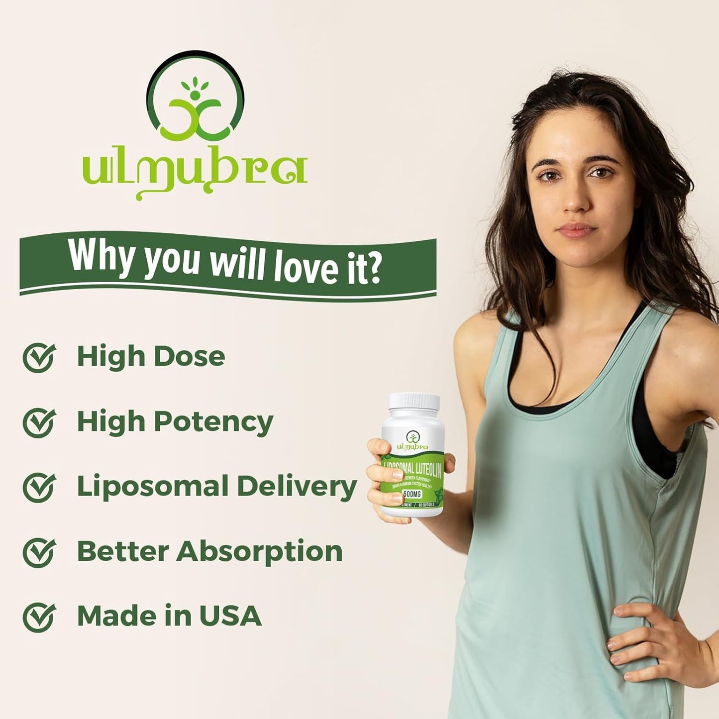 Ulmubra Luteolina liposomal de 500 mg de absorción máxima, flavonoide potente, 60 cápsulas blandas
