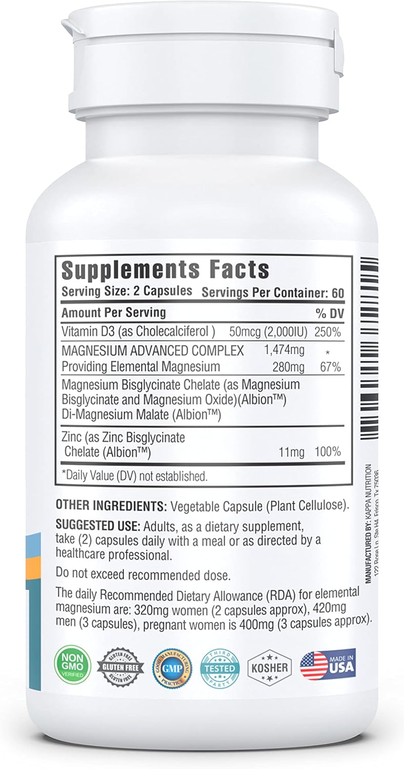 Kappa Nutrition Magnesio Advanced Complex  glicinato, bisglicinato, malato, zinc, vitamina D3 - 120 Cápsulas