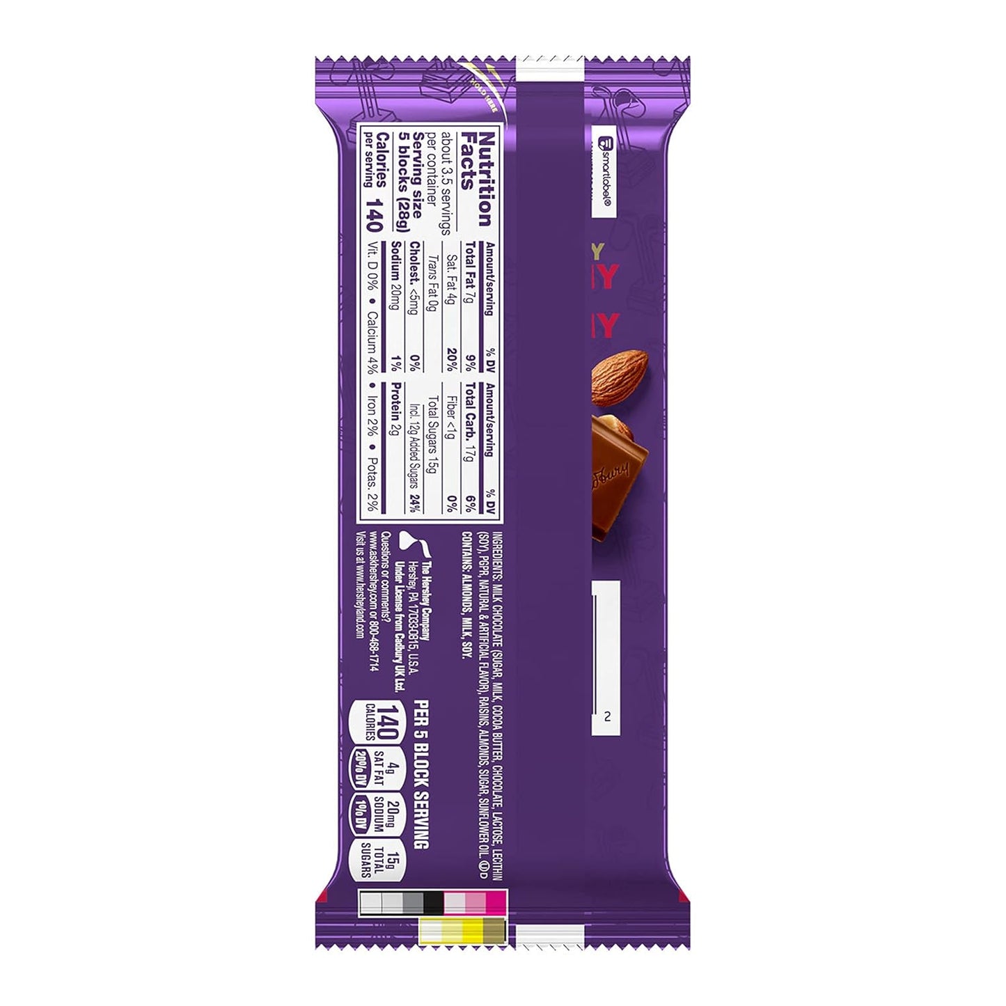CADBURY DAIRY MILK - Caramelos de frutas y frutos secos, envueltos individualmente, barra de 99gr