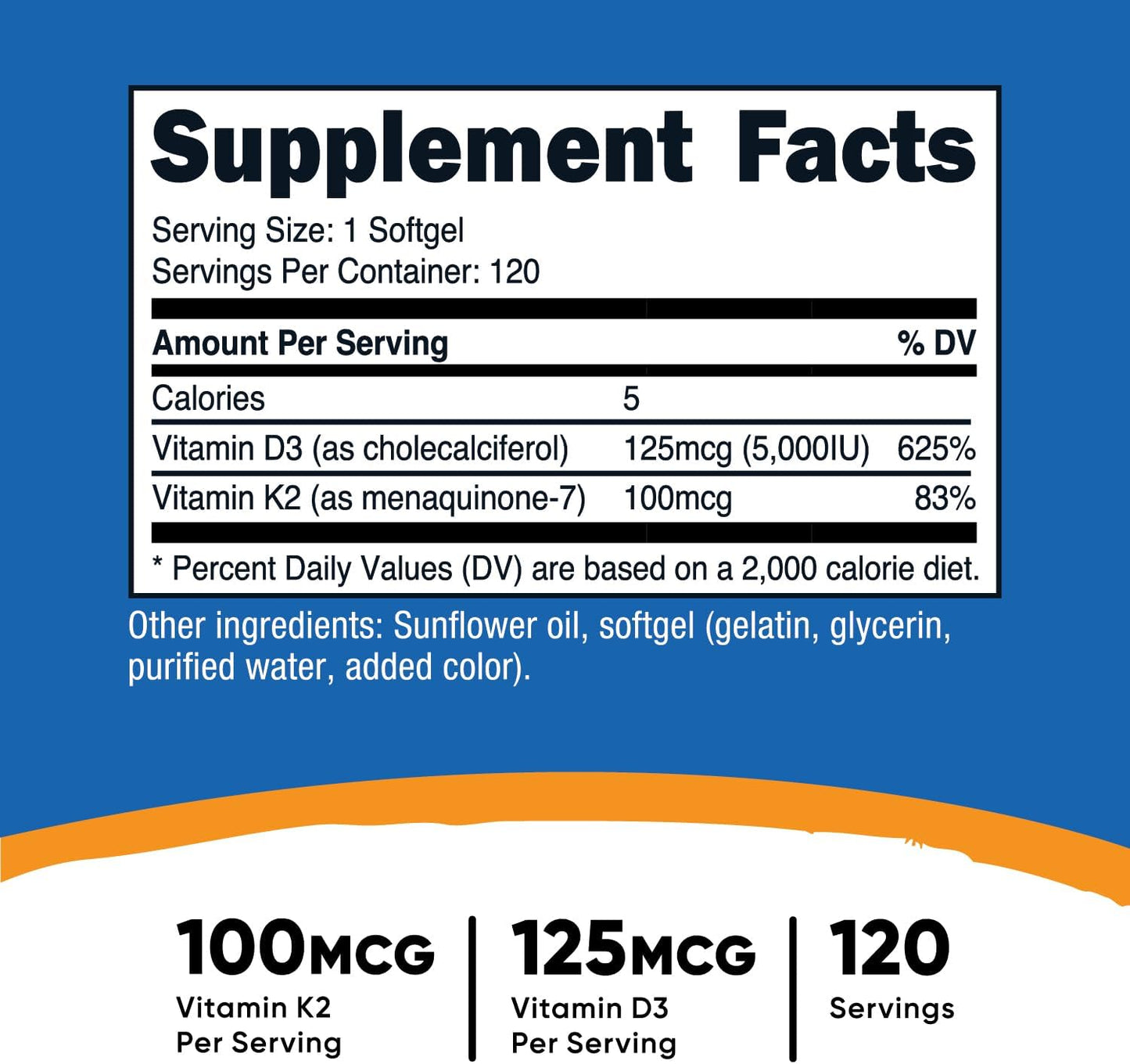 Nutricost Vitamina K2 (MK7) (100 mcg) + Vitamina D3 (5000 UI) 120 Cápsulas