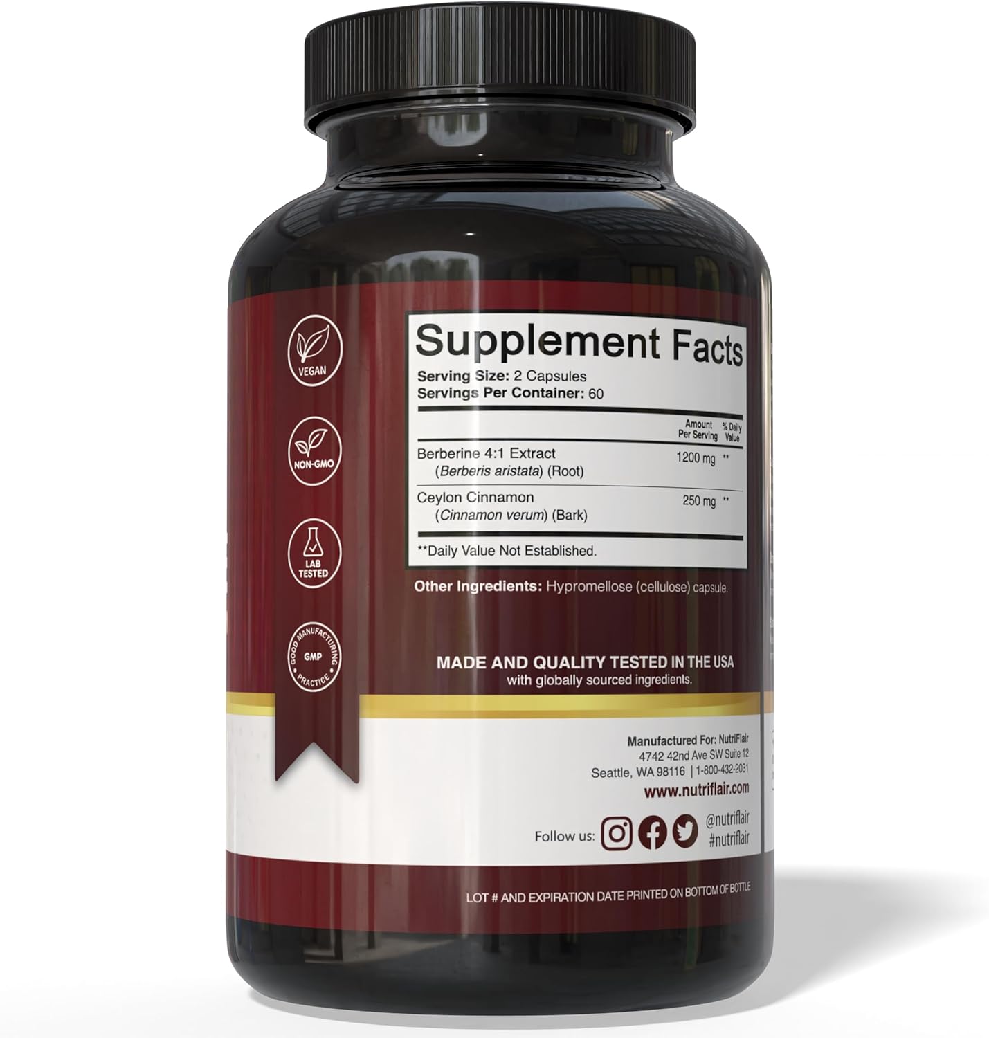 Nutriflair Premium - Berberine con Cylon Cinnamon 1450mg, 120 Capsulas