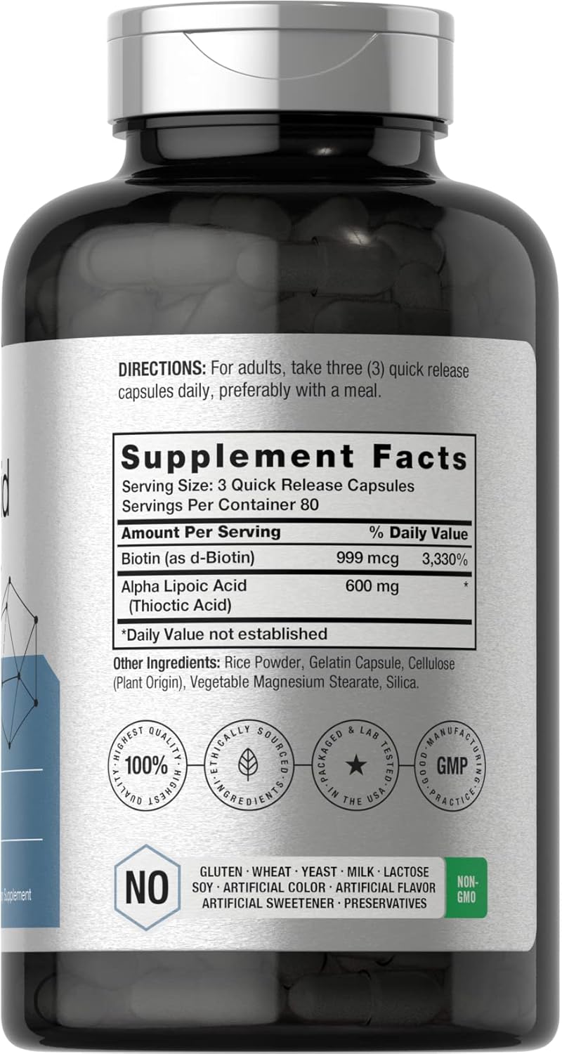 Horbäach Ácido alfa lipoico de 600 mg | 240 cápsulas | con optimizador de biotina | Suplemento sin OMG y sin gluten