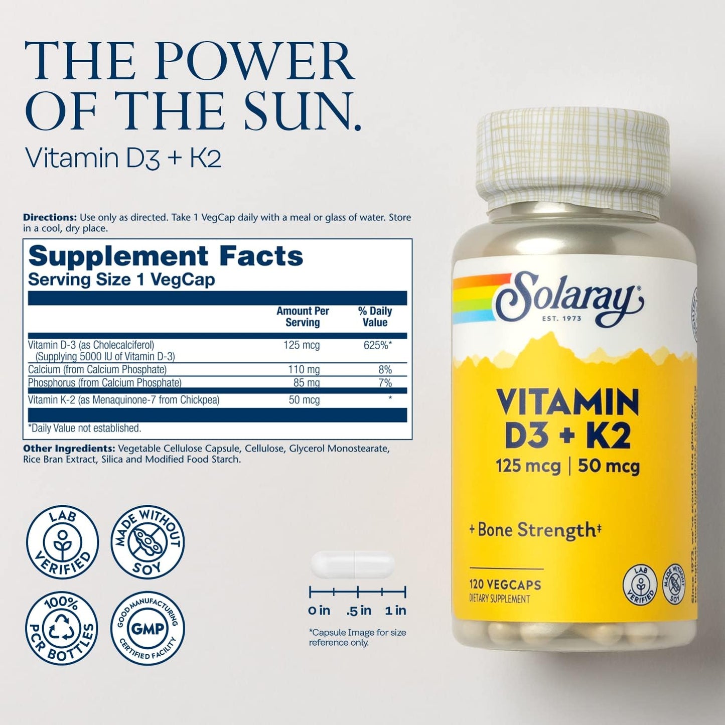 SOLARAY Vitamin D3 + K2 (125mcg/50mcg) 120 vegcaps
