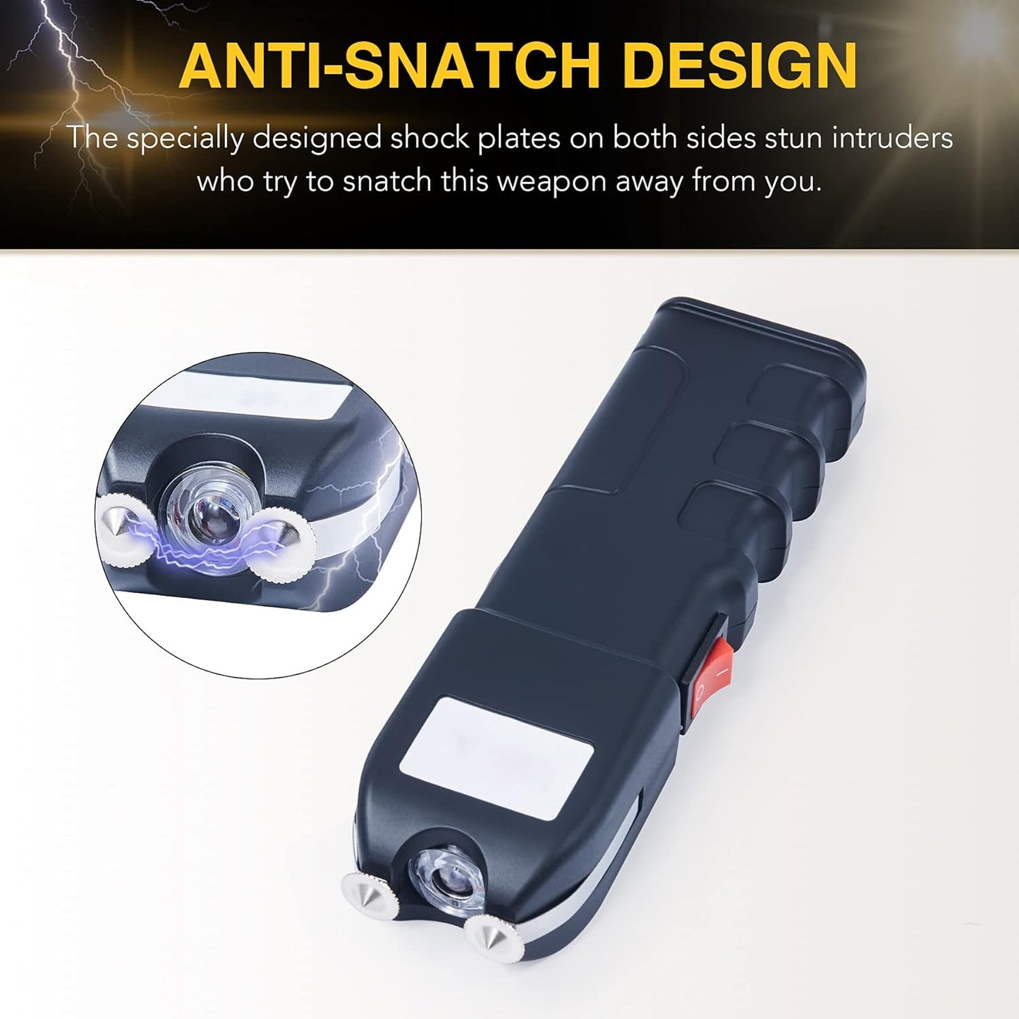 DARTMOOR Pistola de 300,000 V ultrapotente con placas de choque laterales para coche y defensa personal, linterna táctica personalizada